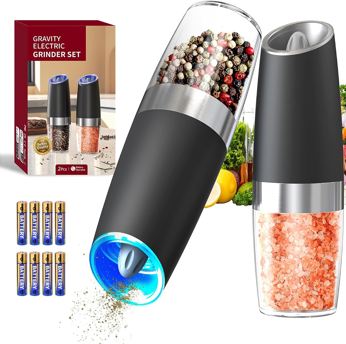 Electric Gravity Salt & Pepper Grinder with Blue LED Light